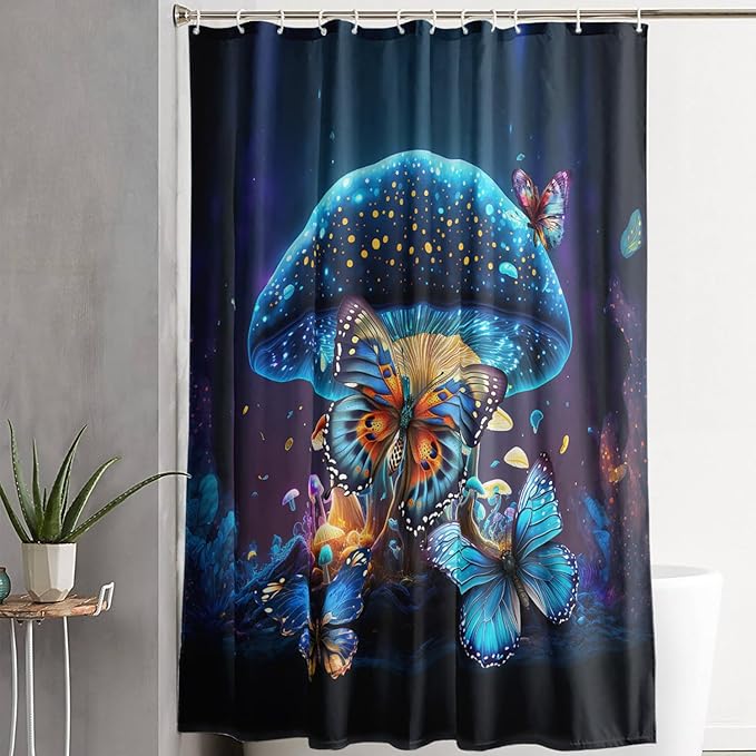 AILONEN Beautiful Butterfly Shower Curtain Bathroom 72" W*72" H Sparkly Blue Butterflies Curtain Cloth Fabric Bathroom for Girls Kids,Magic Mushroom Shower Curtain Set