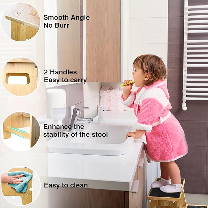 Kids Step Stools for Toddlers Bathroom Bamboo Wood Toddler Stepping Stool Kitchen Counter Sink Baby 2 Step Stool Foot Bed Stool for Adults Child Potty Training Toilet Stool, Natural with Pads