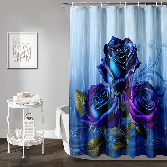 AILONEN Blue Rose Shower Curtain for Girls,Raining Rose Shower Curtain for Bathroom Decor,Women Kids Polyester Waterproof 3D Printed Bath Curtain with 12 Hooks,72" W*84" H