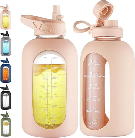 CIVAGO 64 oz Glass Water Bottle Jug with Straw and Handle, Half Gallon Sports Motivational Water Bottle with Time Marker and 2 Lids, Large Water Flask Canteen with Silicone Sleeve for Gym,Beige