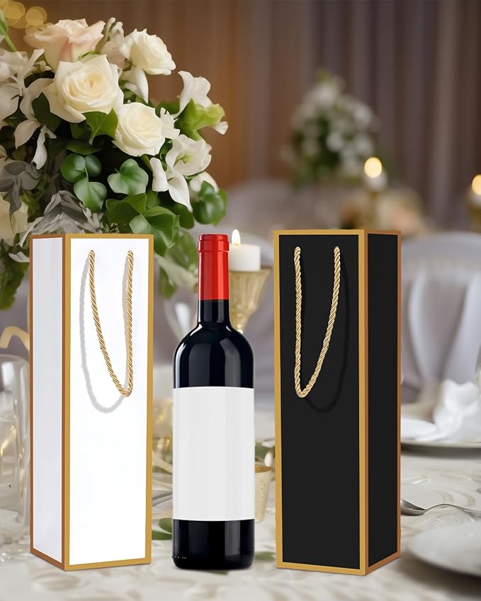 Megitzuu 12 Pack Wine Bottle Gift Bags - Wine Bags with Gold Foil Design, Reusable Bottle Totes for Fathers Day, 13.8"x4"x4" Kraft Paper Wine Bag with Handles for Birthday Party Wedding Bridal Shower