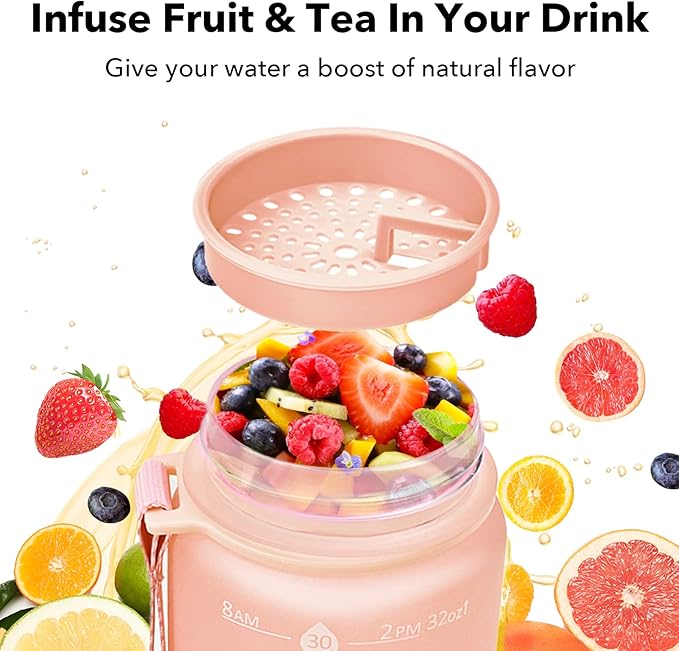 GOSWAG 32oz Motivational Water Bottles with Time Marker and Fruit Strainer, Sports Water Bottle with Times to Drink, Leakproof, Reusable Plastic Bottle with Strap no Straw for Gym, School