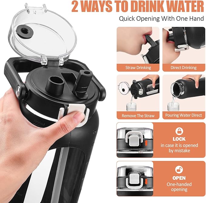 BLUEGO 64oz Glass Water Bottle with Handle and Straw, Motivational Sports Water Bottle with Time Marker and Silicone Sleeve Leakproof Drinking Bottle for Travel Gym Workout, Black