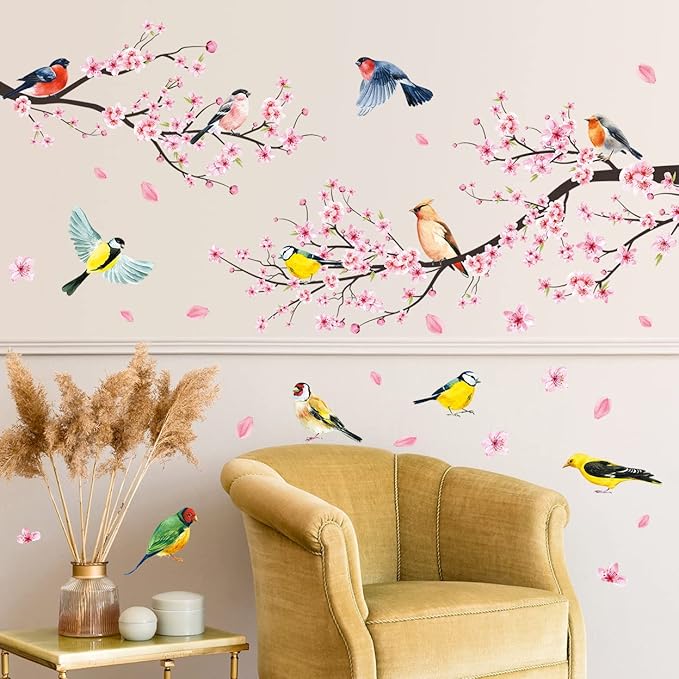 Amaonm 2 Sheets of 12"x36" Removable Pink Red Cherry Blossom Flowers Wall Stickers DIY Flying Birds and Tree Brances Wall Decals 3D Peel and Stick Floral art Decor for Kids Girls Bedroom Living Room Nursery Decoration (37"x51")