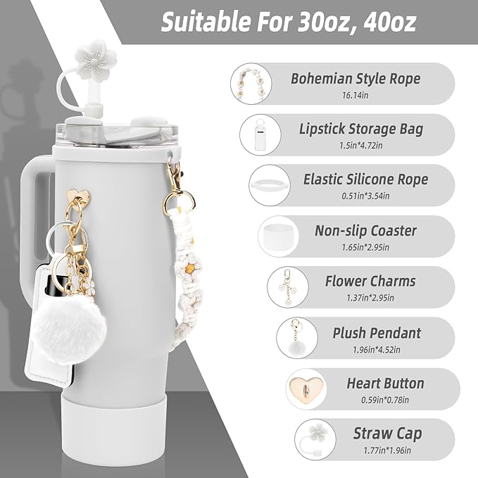 Stanley Cup Accessories Set Including 1 Pcs Siliocne Stanley Cup Boot, 1 Pcs Water Bottle Handle Strap, 1 Pcs Siliocne Straw Cover, 3 Pcs Stanley Charms for Stanley Cup 40oz & 30oz Tumbler - White