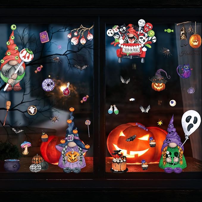Halloween Window Clings Stickers Decoration Cartoon Dwarf Midget Horror Design Halloween Window Cling Decal Double Sided Static Removable Halloween Glass Window Stickers Supplies 9 Sheets