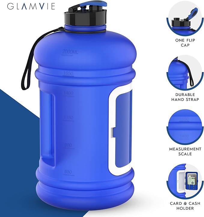 Sports Water Bottle 73OZ Half Gallon with Handle Big Reusable Water Jug 2.2L for Sport & Fitness with Built-In Storage Case for Cash & Cards | Eco Friendly & BPA Free | Matte Blue