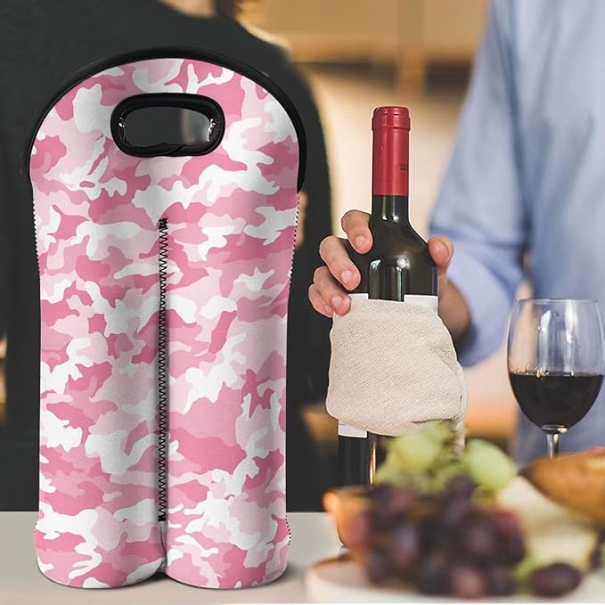 doginthehole 2 Bottle Insulated Wine Cooler Bag Camo Design Wine Carrier Tote Bag Pink Wine Bag Neoprene Champagne Bottle Protector Sleeve for Travel, Picnic, Party for Women Men Wine Lovers
