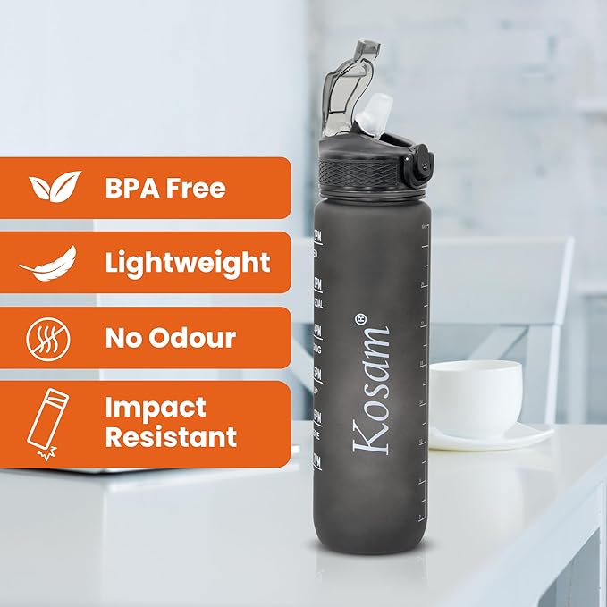 KOSAM Water Bottle 1L Sports Water Bottle with Motivational Time Marker & Straw, Dishwasher Safe Leak-proof Drink Bottle BPA Free Non-Toxic Tritan Material 1 Click Open for Running Gym
