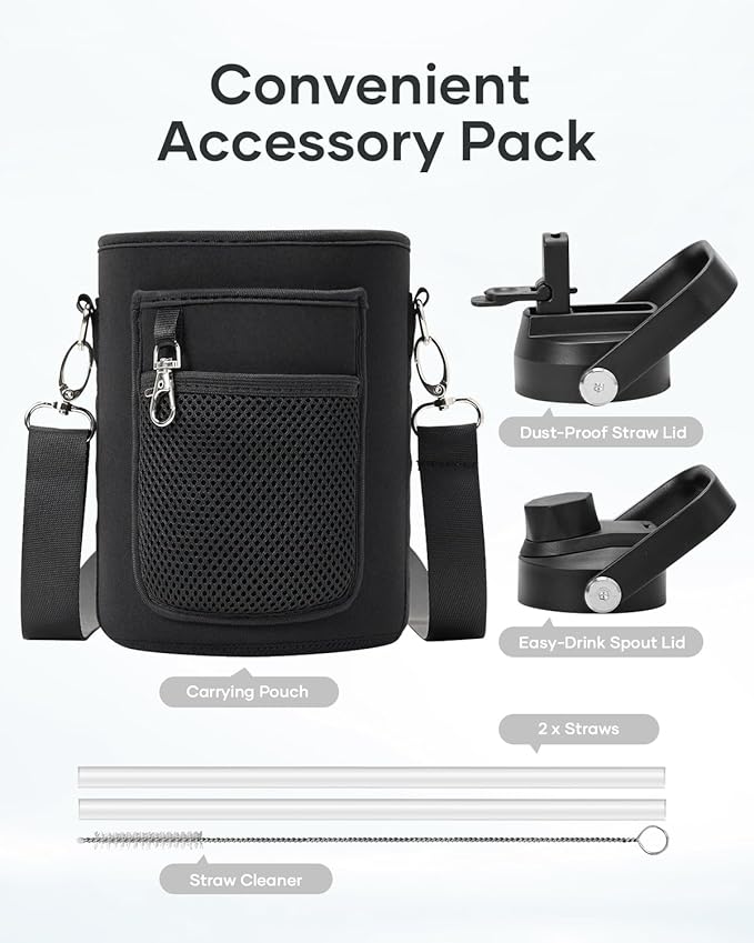 BUZIO 64oz Insulated Water Bottle, Half Gallon Stainless Steel Water Jug with Straw Lid and Carrying Pouch, Keep Cold 48H Double Wall Vacuum Lead-Free Metal Drinking Flask for Gym Beach, Black