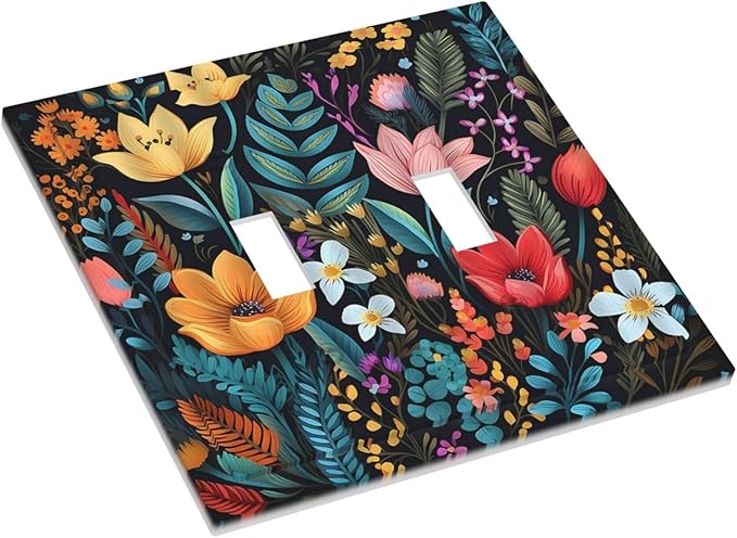 Boho Floral Vintage Flower Leaves Rustic Wildflower Plants Double Toggle Light Switch Covers 2 Gang Wall Plate Dual Decorative Switchplate Electrical Faceplate for Country Bathroom Bedroom Decor