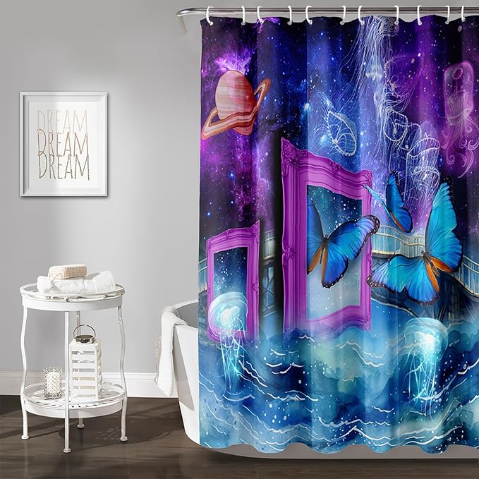 AILONEN Blue Butterfly Shower Curtains,Purple Galaxy Bath Curtains for Bathroom for Girls,Blue Ocean Jellyfish Curtains,Polyester Waterproof with 12 Hooks 72" W*84" H