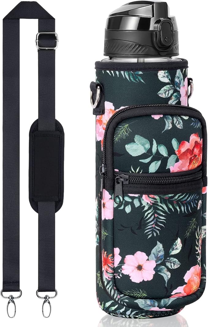 Fimibuke 32 oz Water Bottle with Sleeve - BPA Free Leakproof Sport Large 1L Plastic Motivational Water Bottle with Straw Strap & Insulated Neoprene Holder Carrier Bag Great Xmas Gift for Women Men