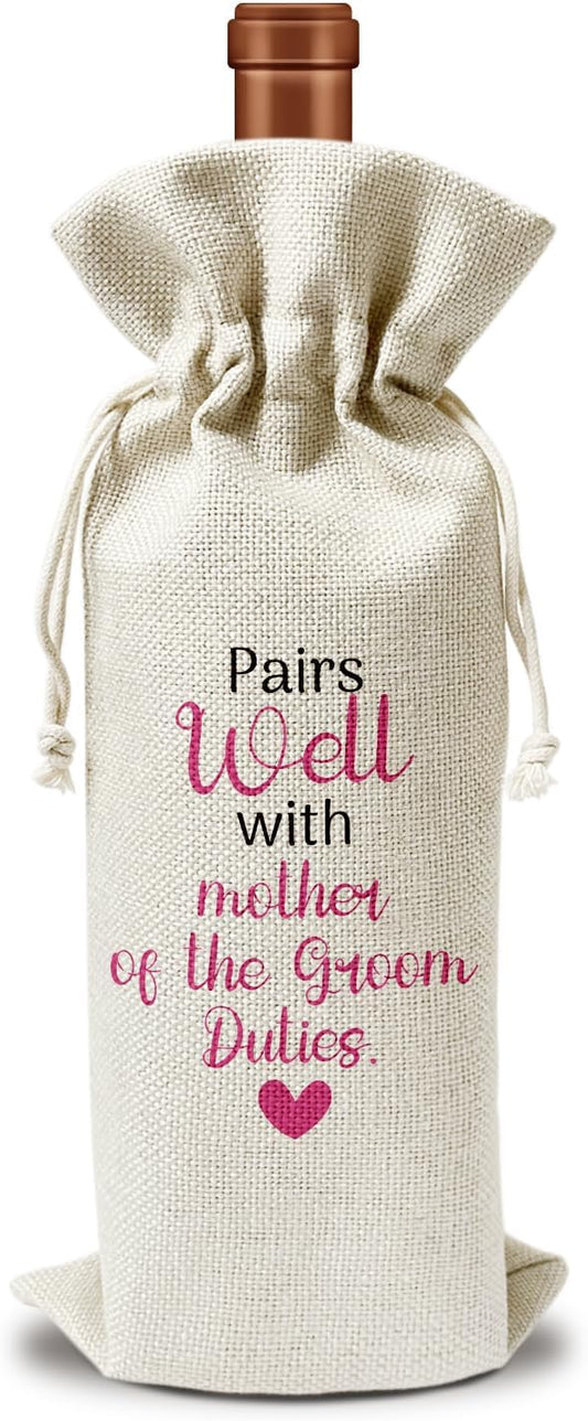 Mother of Groom Wine Gift Bag, Mother of Groom Gifts for Groom's Mother Mother-in-law, 1pcs Reusable Burlap Drawstring Wine Gift Bag for Wine Bottles, Wedding Engagement Holiday Party Favor -15