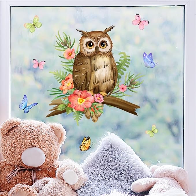 Owl On A Branch Wall Decal Butterfly Flower Wall Stickers Peel and Stick Living Room Bedroom Bathroom Kitchen Nursery Window Glass Decorative Art Murals 11.8in*11.8in