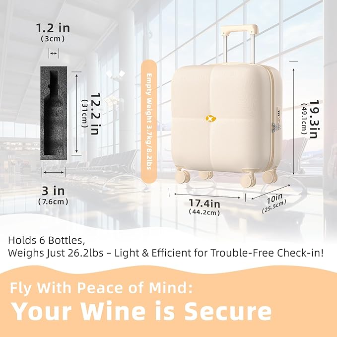 Wine Suitcase, 6 Bottle Wine Luggage, Durable Wine Travel Case, Fly With Wine Suitcase with TSA Lock, Versatile Wine Carrier with Removable Inserts and Silent Spinner Wheels（Cream）