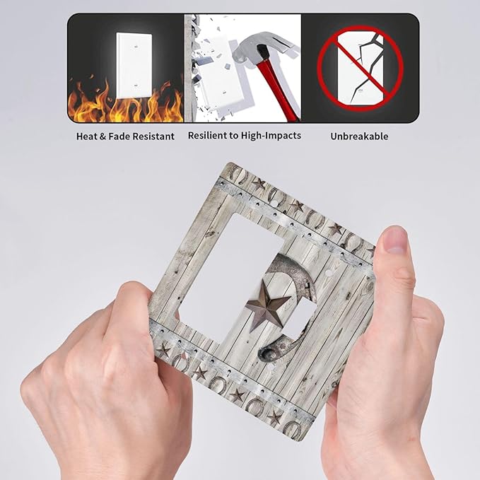 Rustic Western Wood Barn Door Horseshoe Iron Star 2 Gang Single Toggle Rocker Combination Light Switch Covers Wall Plate Cover Electrical Faceplate Decorative Switchplate for Farmhouse Bedroom