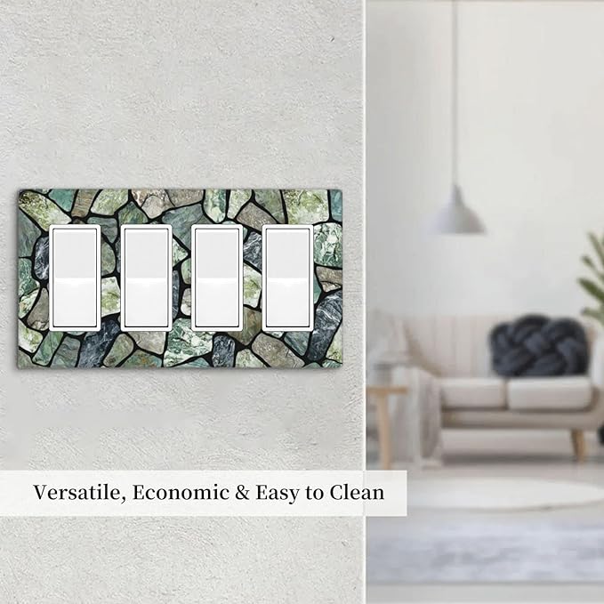 Green Stone Texture Quad Rocker Light Switch Wall Plate Cover Decorative 4-Gang for Outlet Room Bathroom Bedroom Home Kitchen Four Decora Receptacle Polycarbonate Power Gear 4.5" x 8"
