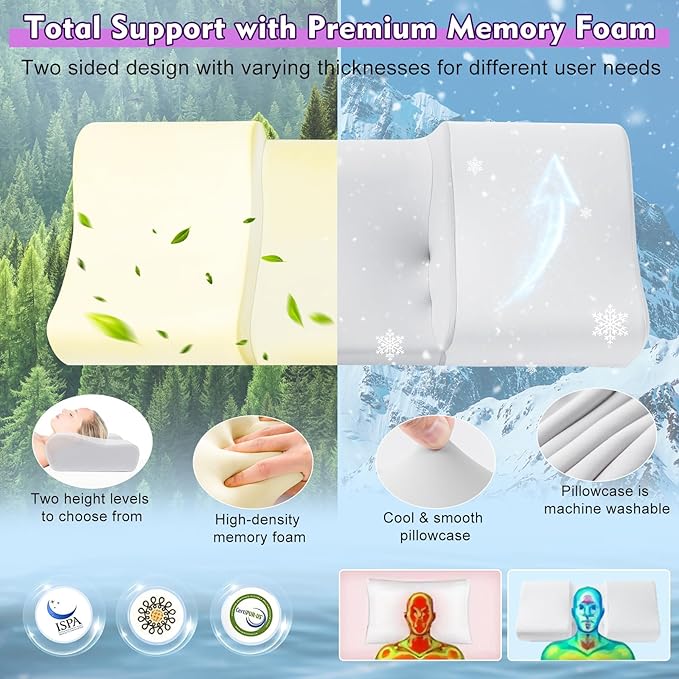 Anti Wrinkle Ergonomic Back Sleep Training Pillow: Cervical Memory Foam Anti Aging Beauty Pillow for Neck Pain Relief - Contoured Neck & Shoulder Support Flawless Face Pillow with Cooling Pllowcase