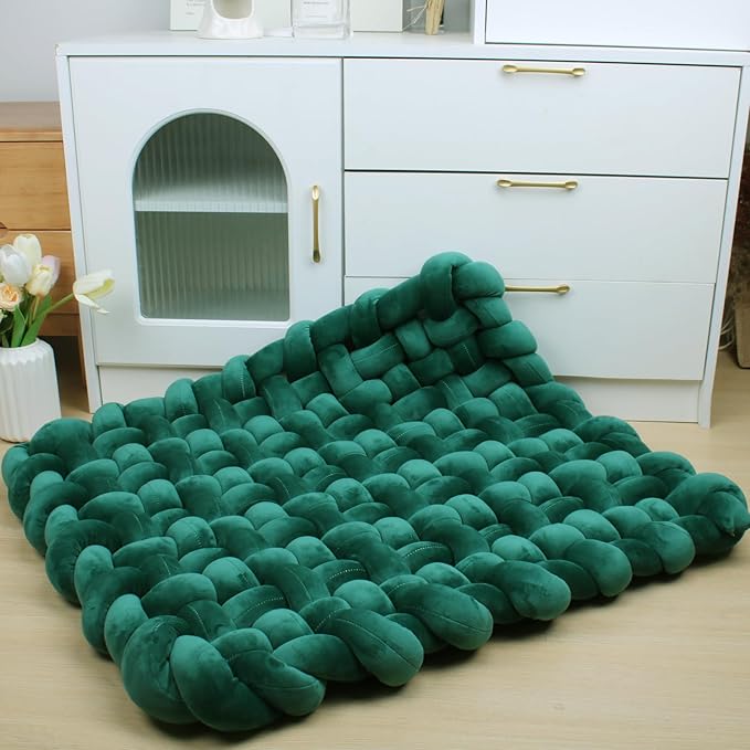 XHJRI Thickened Braided Knot Seat Mat, Knotted Floor Decorative Cushion, Handmade Baby Infant Playing Pad Nursery Rug (27.5 * 31.5 Inch,Dark Green)