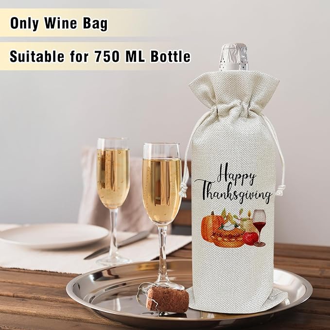 Pumpkin Wine Canvas Bag, Thanksgiving Wine Gift Bag, Thanksgiving Gifts for Men Friends Autumn Harvest Party Wine Bags for Wine Bottles, Wine Gifts With Drawstring Holiday Fall Party Decoration -WB39