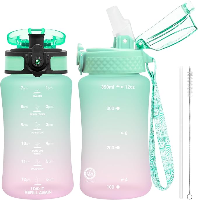 OLDLEY Kids Water Bottle for School, 12 oz (2 lids) BPA-Free Reusable Leak-proof Durable Tritan Plastic Water Bottles with Straw & Chug Lids, Anti-dust Spout Cover (Mintpink)