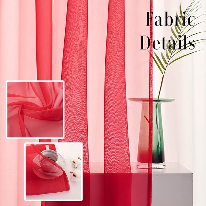 Red Sheer Curtains 72 Inches Long 2 Panels Translucent Voile Solid Color Window Treatment Rod Pocket Red Sheer Curtains for Bedroom Living Room Party 2 Panels 52x72