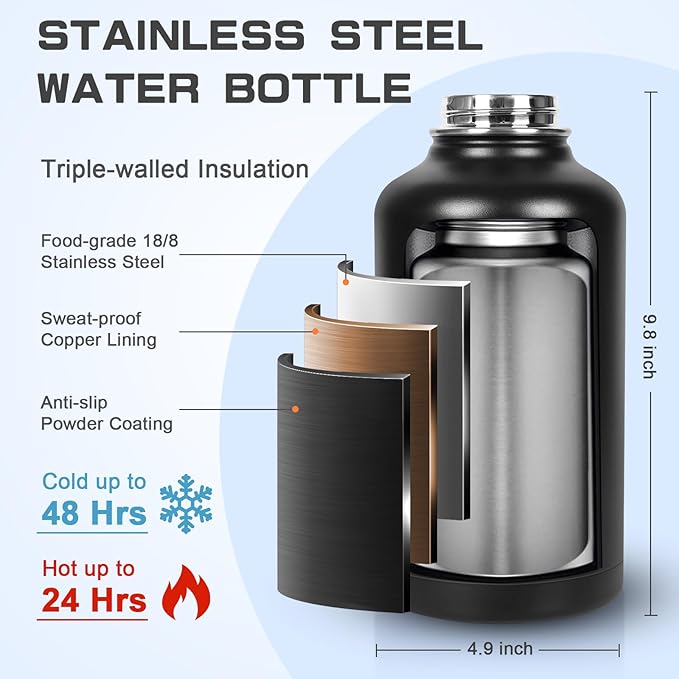 Insulated Water Bottle 64 oz, Half Gallon Water Jug Cold 48H, BPA Free Stainless Steel Bottles with Straw/Chug 2-in-1 Lid, Bag, Paracord Handle, Silicone Boot, Sports Gym School Metal Flask