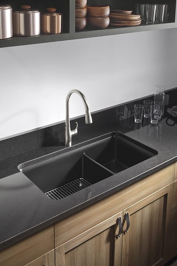 KOHLER K-8204-CM1 Cairn Sink, 33" Neoroc Composite Undermount Double-Bowl Kitchen Sink, Composite Kitchen Sink with Sink Rack, Matte Black