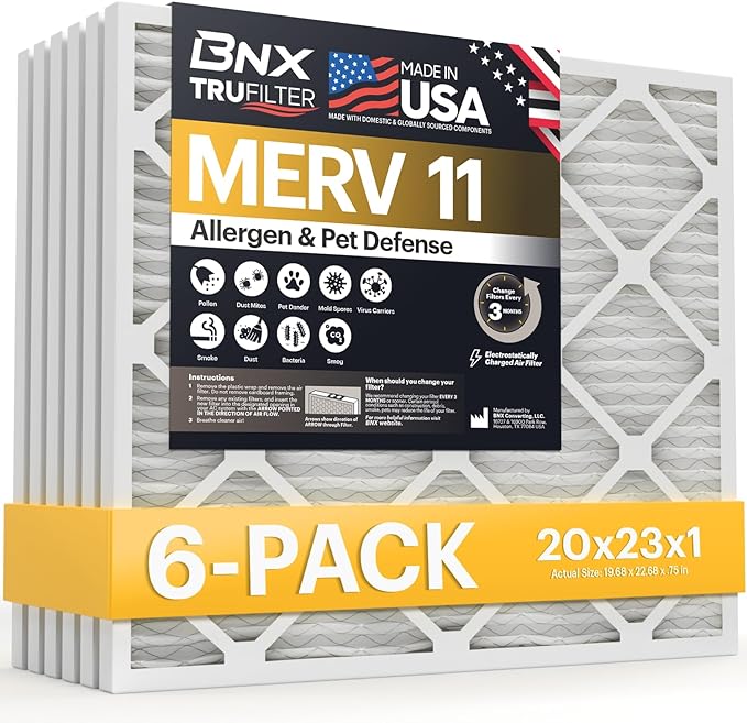 BNX TruFilter 20x23x1 Air Filter MERV 11 (6-Pack) - MADE IN USA - Allergen Defense Electrostatic Pleated Air Conditioner HVAC AC Furnace Filters for Allergies, Dust, Pet, Smoke, Allergy MPR 1200 FPR 7