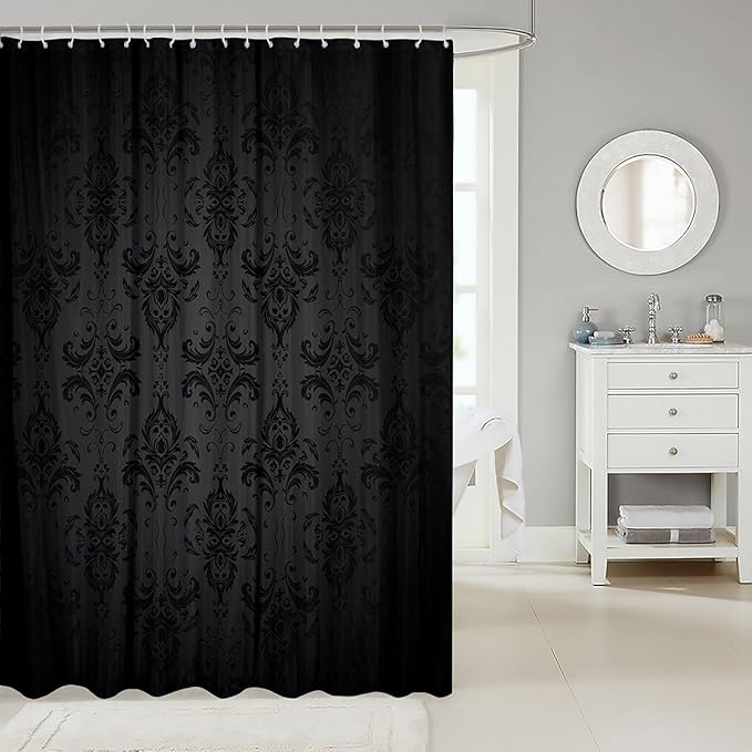 Feelyou Black Damask Shower Curtain 72"x84" Kids Vintage Floral Bathroom Shower Curtain Set for Boys Girls Teens Antique Victorian Baroque Bath Curtain Baroque Style Bathroom Accessories