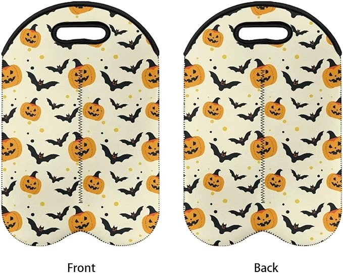 doginthehole 2 Bottle Wine Carrier Tote Halloween Pumpkin Bats Print Wine Bottle Protector Bag Portable Neoprene Wine/Beer/Champagne/Water Bottle Holder for Travel with Handle
