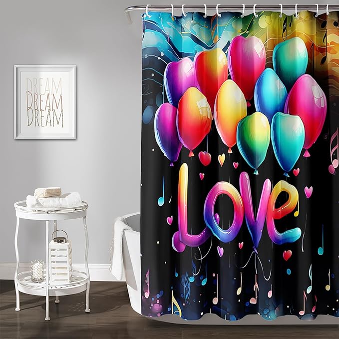 AILONEN Love Theme Shower Curtain for Bathroom, Romantic Rainbow Balloon Tie Dye Bath Curtain for Kids Girls Women,Abstract Music Black Shower Curtain Waterproof with 12 Plastic Hooks, 48" W*72" H