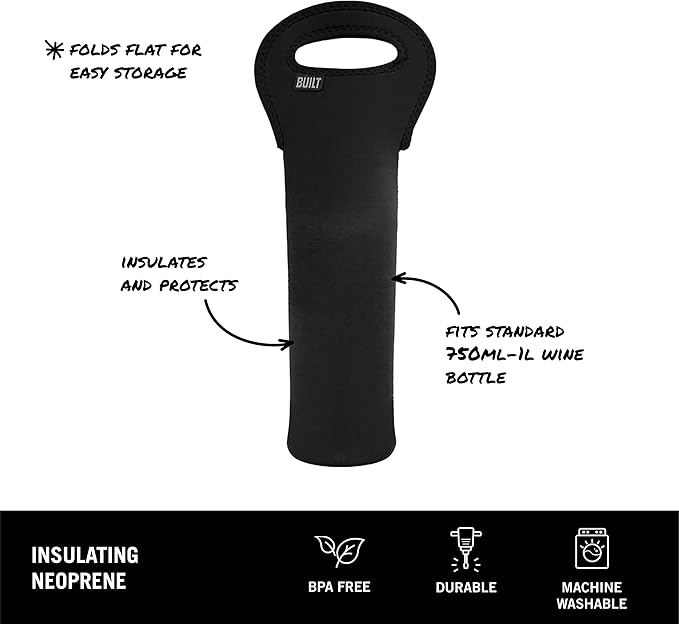 BUILT 1-Bottle Stain Resistant Neoprene Wine/Water Bottle Carry Tote, Black