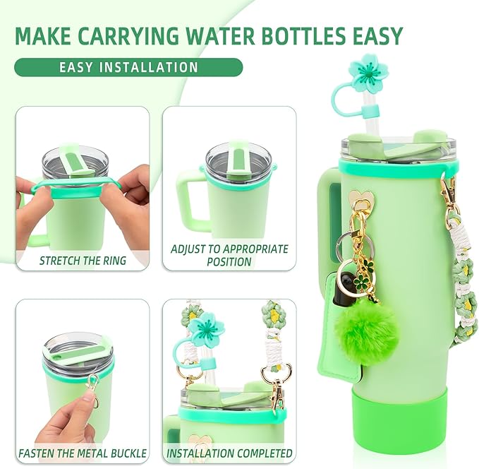 Stanley Cup Accessories Set Including 1 Pcs Water Bottle Handle Strap, 1 Pcs Siliocne Straw Cover, 1 Pcs Siliocne Stanley Cup Boot, 3 Pcs Stanley Charms for Stanley Cup 40oz & 30oz Tumbler - Green