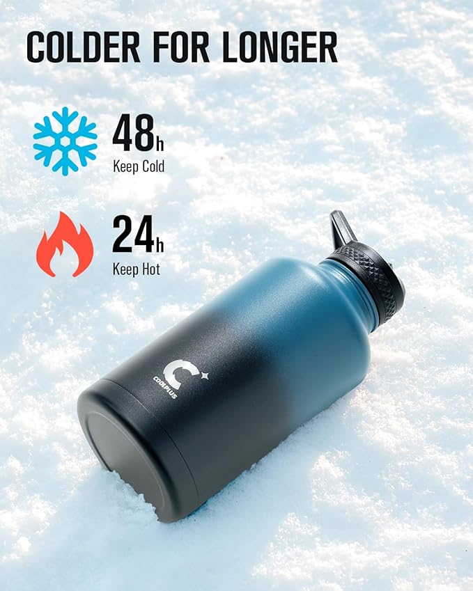 Coolplus 64 oz Water Bottle Insulated, Half Gallon Insulated Water Jug With Straw Stainless Steel Double-Walled Vacuum Metal Large Flask Bpa-Free Leakproof, Keep Cold 48 Hrs Hot 24hrs, Blue Black