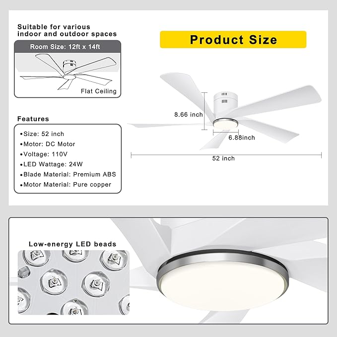 Ohniyou 52” Flush Mount Ceiling Fan with Lights, Remote & APP Control Low Profile Indoor Outdoor Ceiling Fans, Dimmable, Quiet DC Motor, Reversible, White