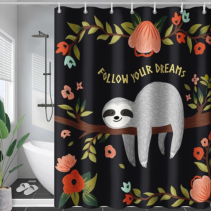 AILONEN Kawaii Sloth Shower Curtain for Bathroom Decor,Floral Sloth Bath Curtain for Kids Boys Girls,Polyester Waterproof 36" W*72" H with 12 Plastic Hooks