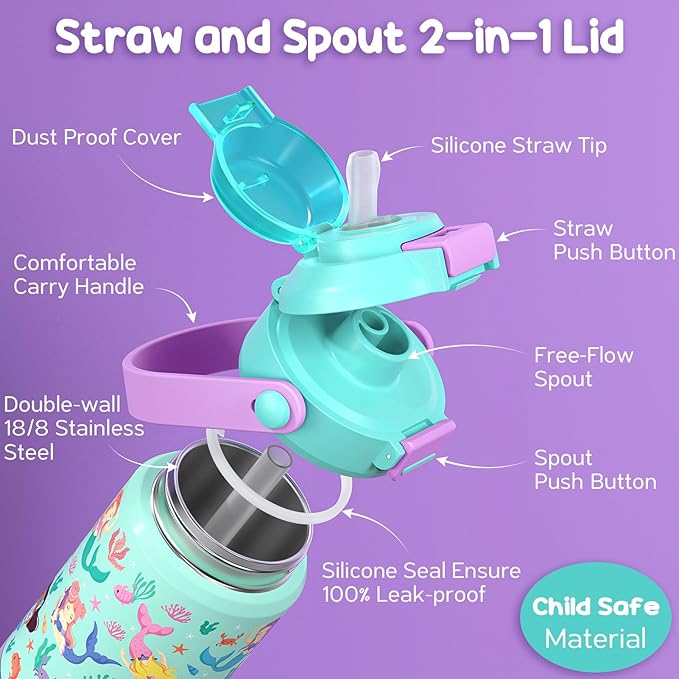 Fimibuke Kids Insulated Water Bottle with Pop-Open Straw & Spout 2-in-1 Lid, 18oz Leak Proof 18/8 Stainless Steel Vacuum Tumbler, BPA-Free Kids Cup For Travel School Boys Girls Toddler (1Pack,Mermaid)