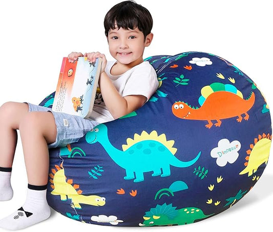 Lukeight Stuffed Animal Storage Bean Bag Chair Cover for Kids, Dinosaur Zipper Beanbag Chair Cover for Organizing Toddler and Kids' Rooms Plush Toys (Dinosaur Navy, X-Large)