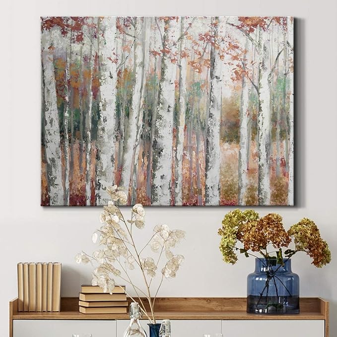 Renditions Gallery Canvas Nature Wall Art Modern Paintings Decorations Autumn Birch Forest Rustic Abstract Vibrant Foliage Wall Hanging Artwork for Bedroom Office Kitchen - 32"x48" LT33