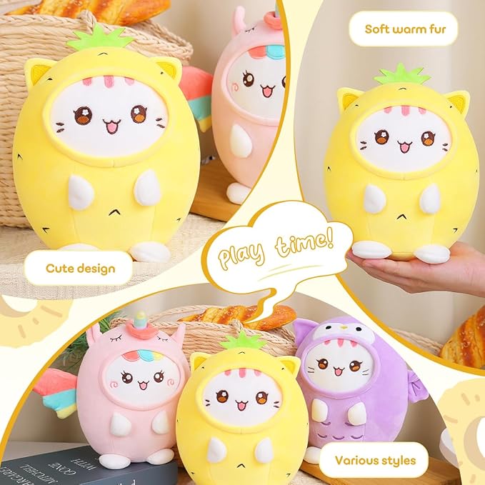 Cute Plush Pineapple Cat Stuffed Animal Pillow, 8" Soft Kawaii Kitten Plushie with Pineapple Outfit Gift for Kids