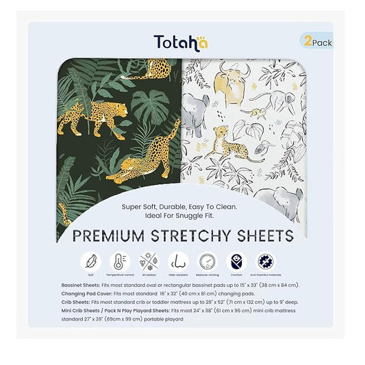 TotAha Premium Soft Pack n Play Sheets, Super Stretchy Jersey Knit Mini Crib Sheets Fitted, Silky Comfort Graco Pack and Play Mattress Sheets 2-Pack, Wild Leopard