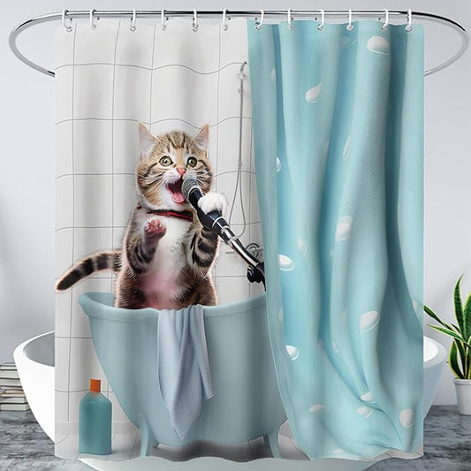 AILONEN Cartoon Shower Cat Shower Curtain for Kids Boys,Funny Singing Cat Waterproof Fabric Shower Curtain for Bathroom,Lovely Hilarious Pet Shower Curtain Set with Hooks,72" W*78" H