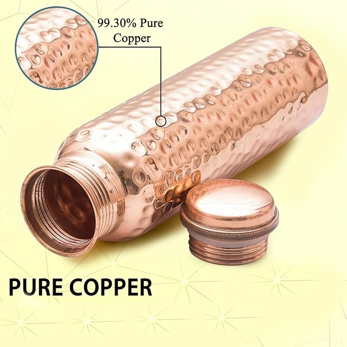 VJR Copper Bottle For Drinking 33 Oz Ayurvedic Leak Proof lid Hammered Design Durable Lightweight Hand Washable Vessel Clean Cool Water Natural Minerals Boost Energy Safe Water Utensil