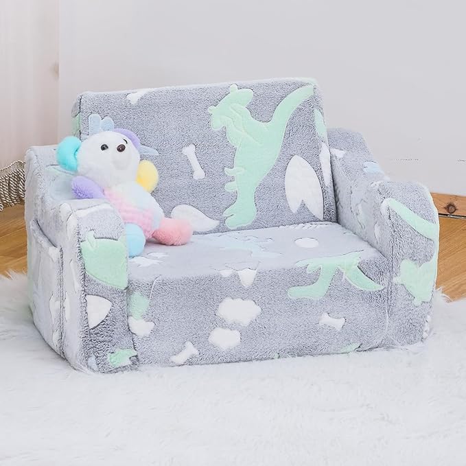 Baby Toddler Sofa Couch for Kids Foldable 2-in-1 Toddler Fold Out Couch Bed for Playroom Pull Out Children Convertible Sofa to Lounger Sleeper Chair for Boys & Girls with Side Pockets, Dinosaur
