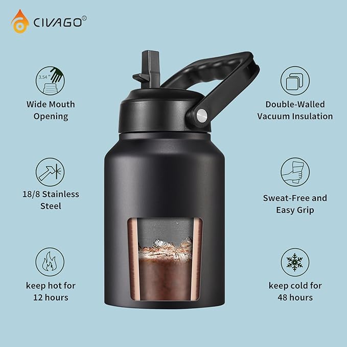 CIVAGO Gallon Insulated Water Bottle Jug with Straw, 128 oz Large Stainless Steel Sports Metal Water Canteen with Handle, Big Thermal Water Cup Mug with 2 Lids for Camping & Fishing, Navy Blue