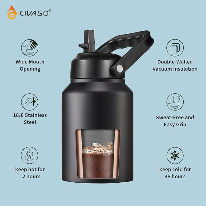 CIVAGO Half Gallon Insulated Water Bottle Jug with Straw, 64 oz Large Stainless Steel Sports Metal Water Flask with Handle, Big Thermal Water Cup Mug with 2 Lids for Camping & Fishing, Black