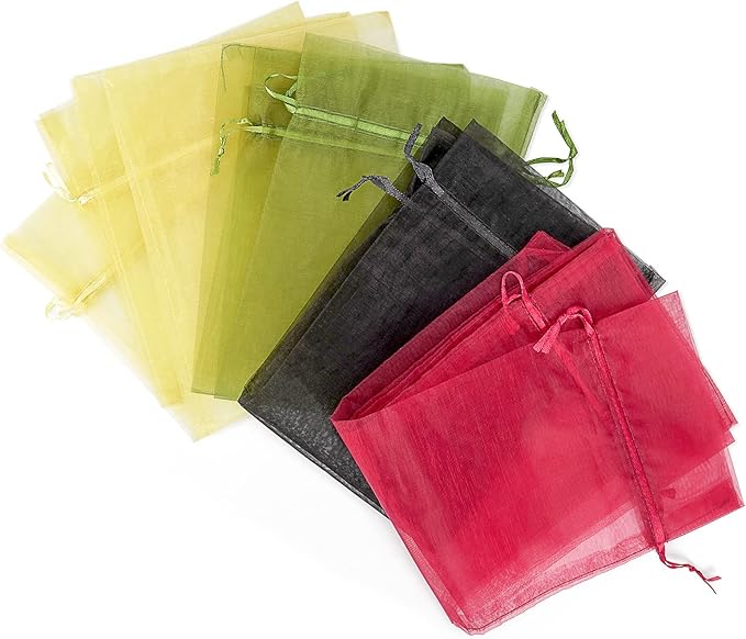 CAIRIAC Wine Bags for Wine Bottles Gifts, Mesh Gift Bags with Drawstring, Fancy Sheer Organza Bags for Wedding, Bridal, Baby Shower, Party Favors Wapping Gift (40 Pcs, 6x14, Red, Gold, Black, Green)