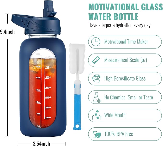 CIVAGO 32 oz Glass Water Bottle with Straw and Handle, Large Sports Motivational Water Bottle Flask with Time Marker and 2 Lids, Leakproof Water Jug Canteen with Silicone Sleeve for Gym,Navy